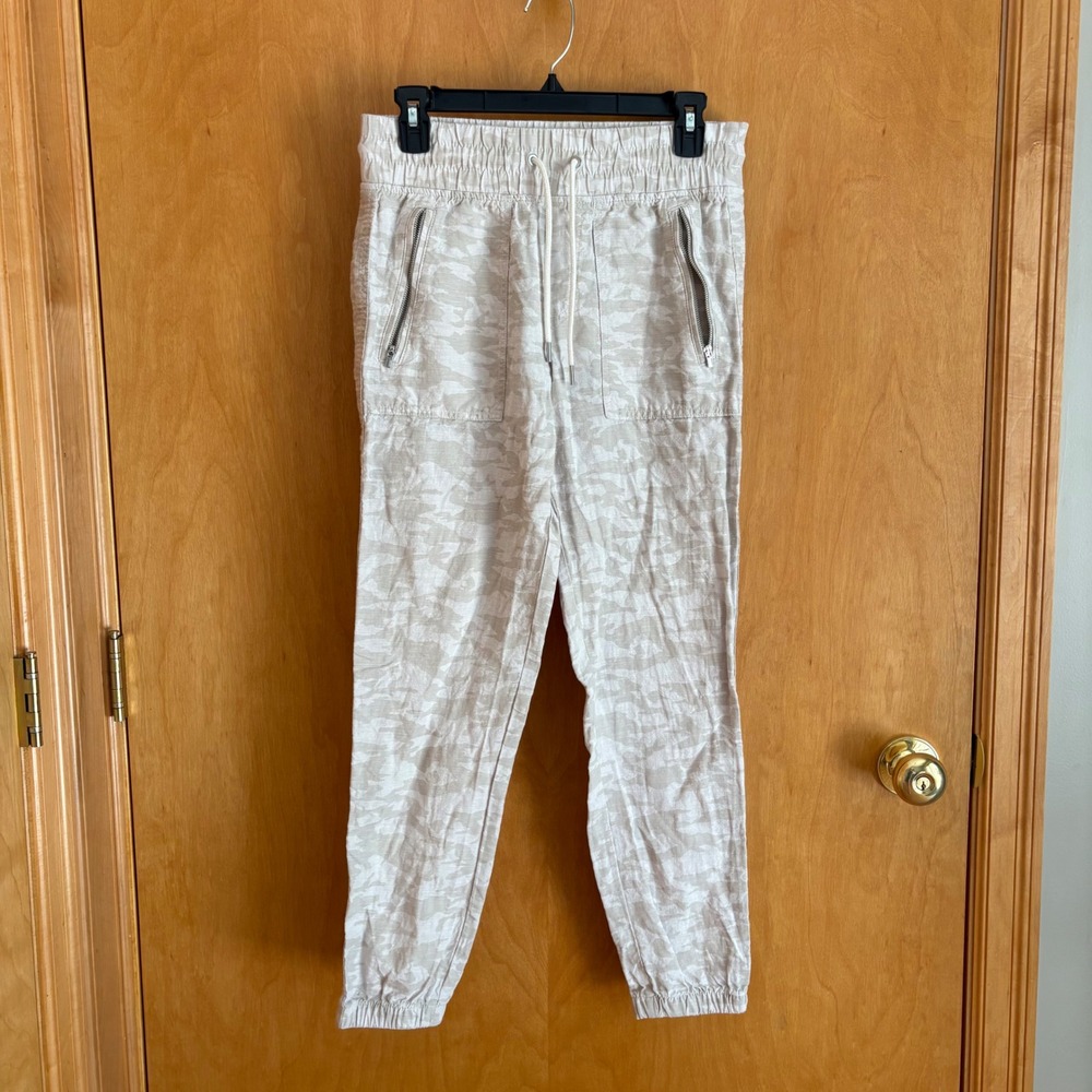 Athleta Cabo Tide Linen Jogger Womens 2 Beige Camo Print Drawstring Casual Pants